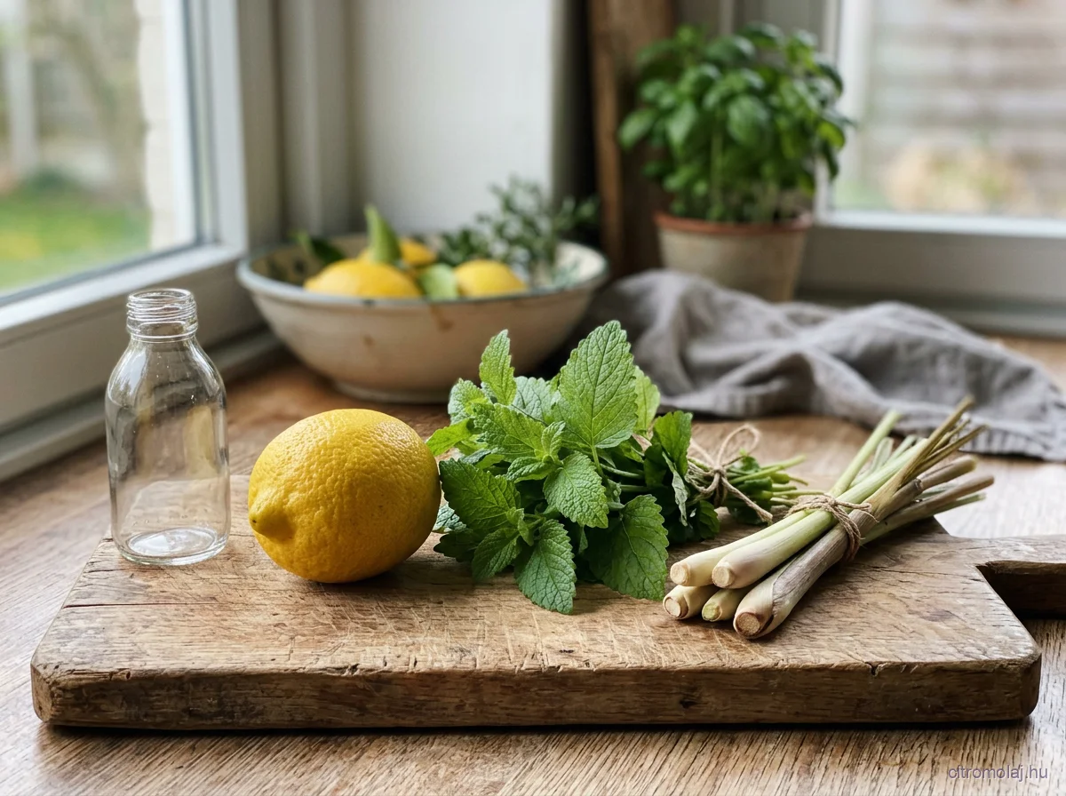 Vágódeszkán egy citrom, citromfűlevelek, lemongrass szárak és egy üres kis üveg, mögötte tál citrommal