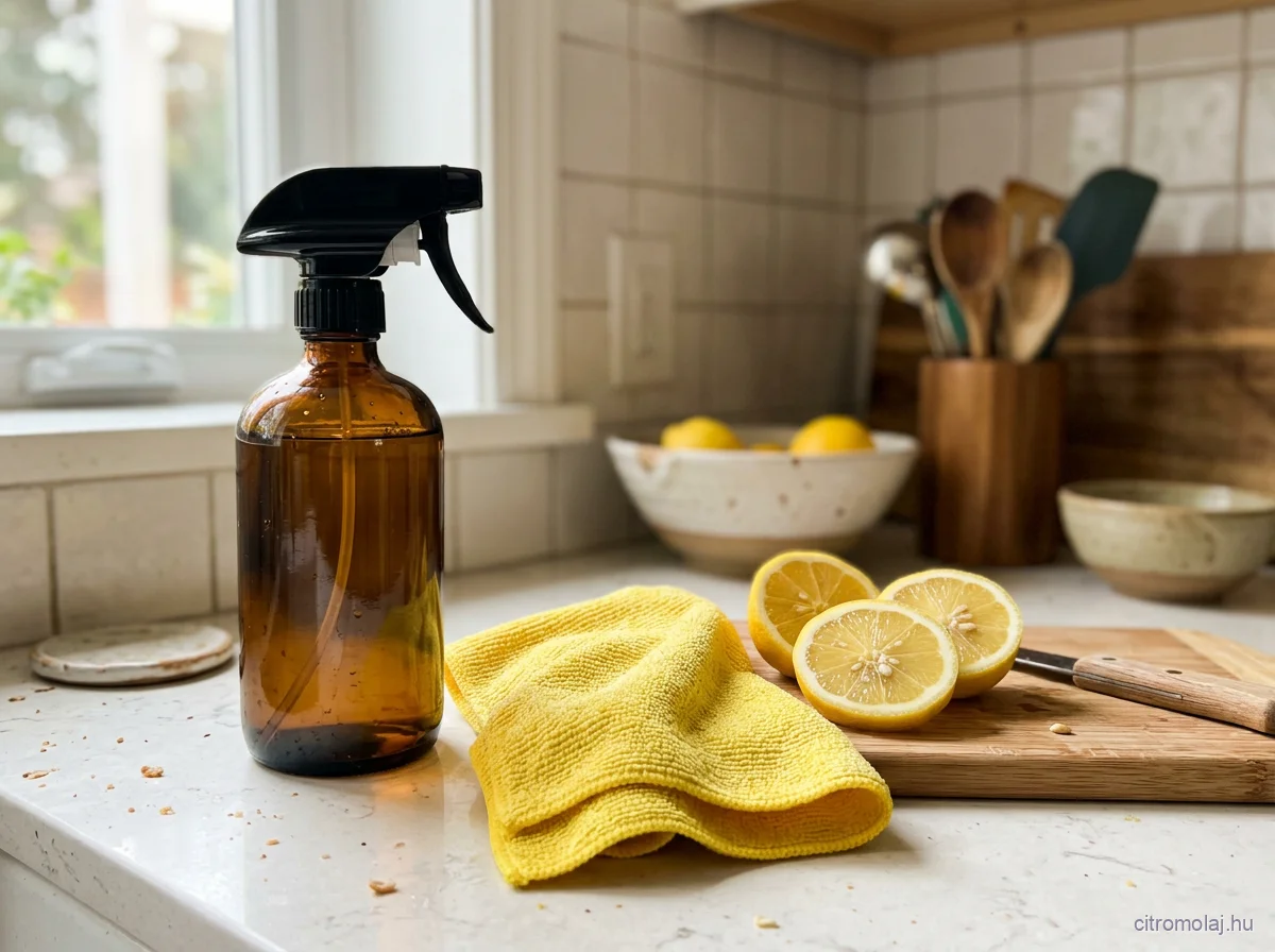 Konyhapulton barna spray-s üveg, sárga mikroszálas kendő és félbevágott citromok vágódeszkán