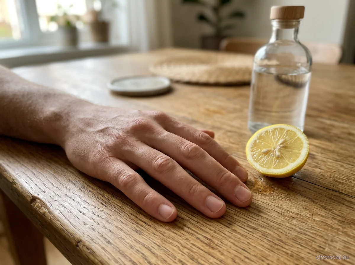 Egy kéz fekszik az asztalon, mellette félbevágott citrom és egy parafa dugós üveg vízzel